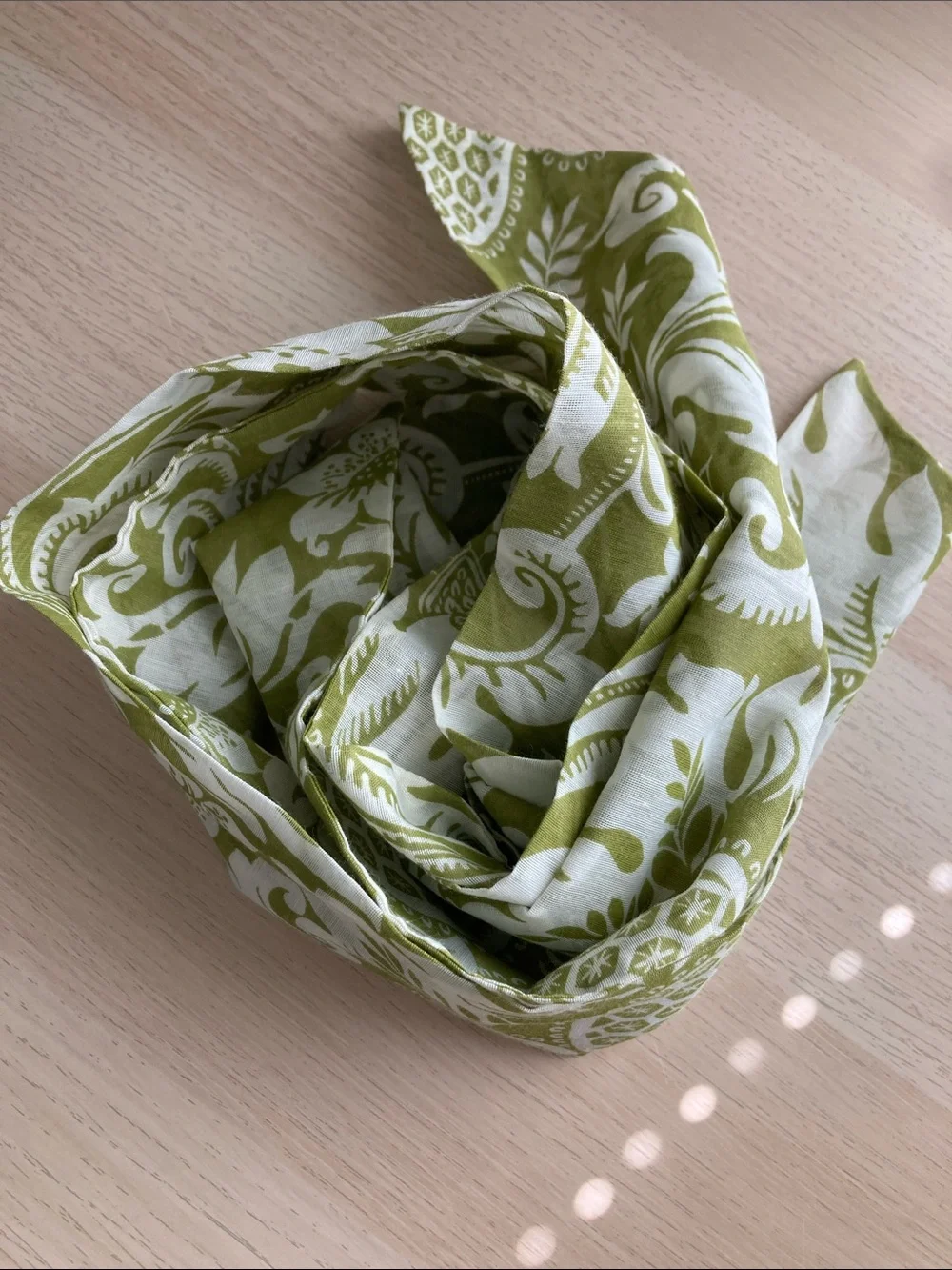 Olive Green and White Printed Scarf, Neck Scarf, Belt, Handbag or Hair Accessory